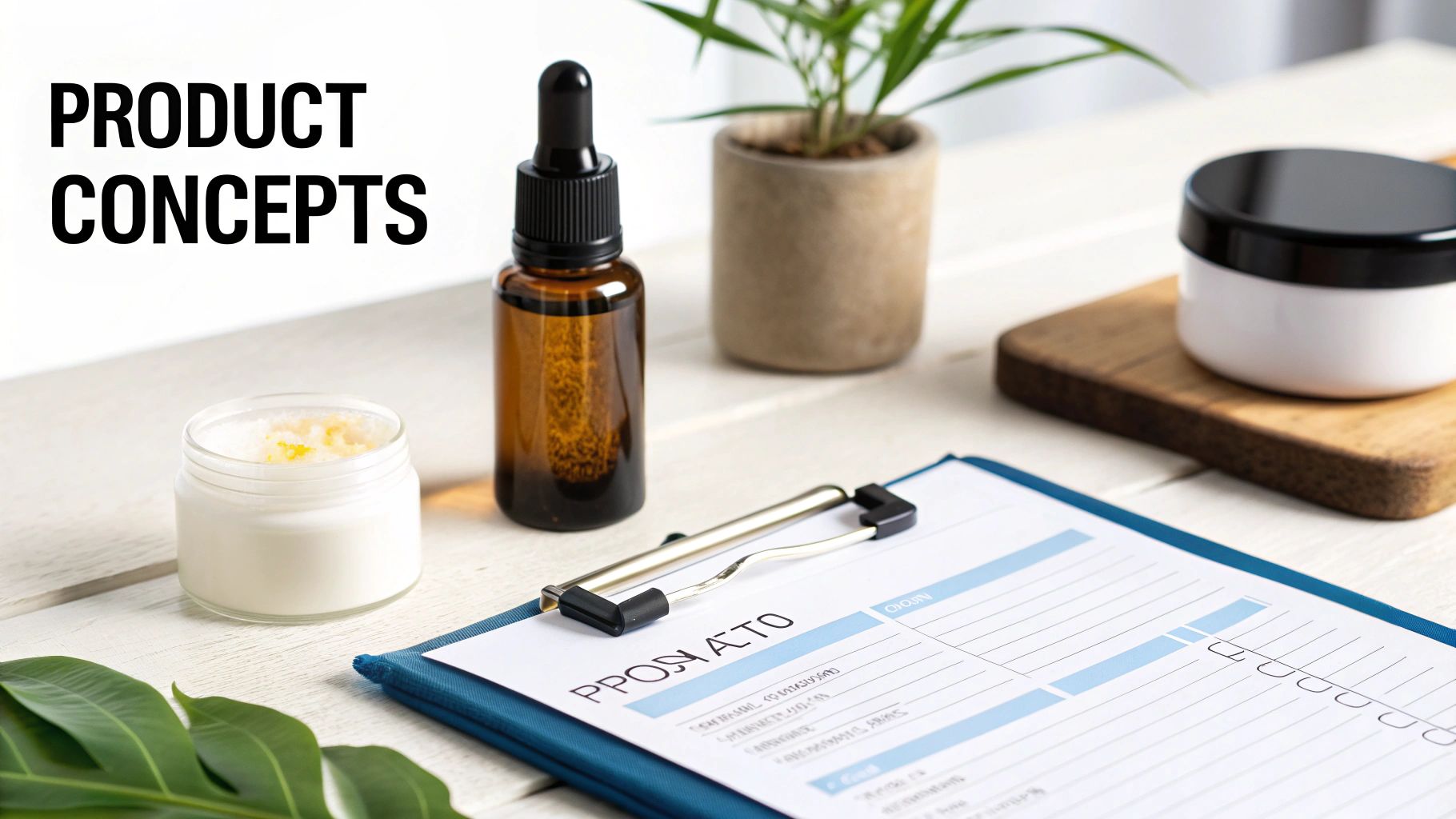 A table with natural skincare product concepts, including a dropper bottle, cream jars, and a clipboard.