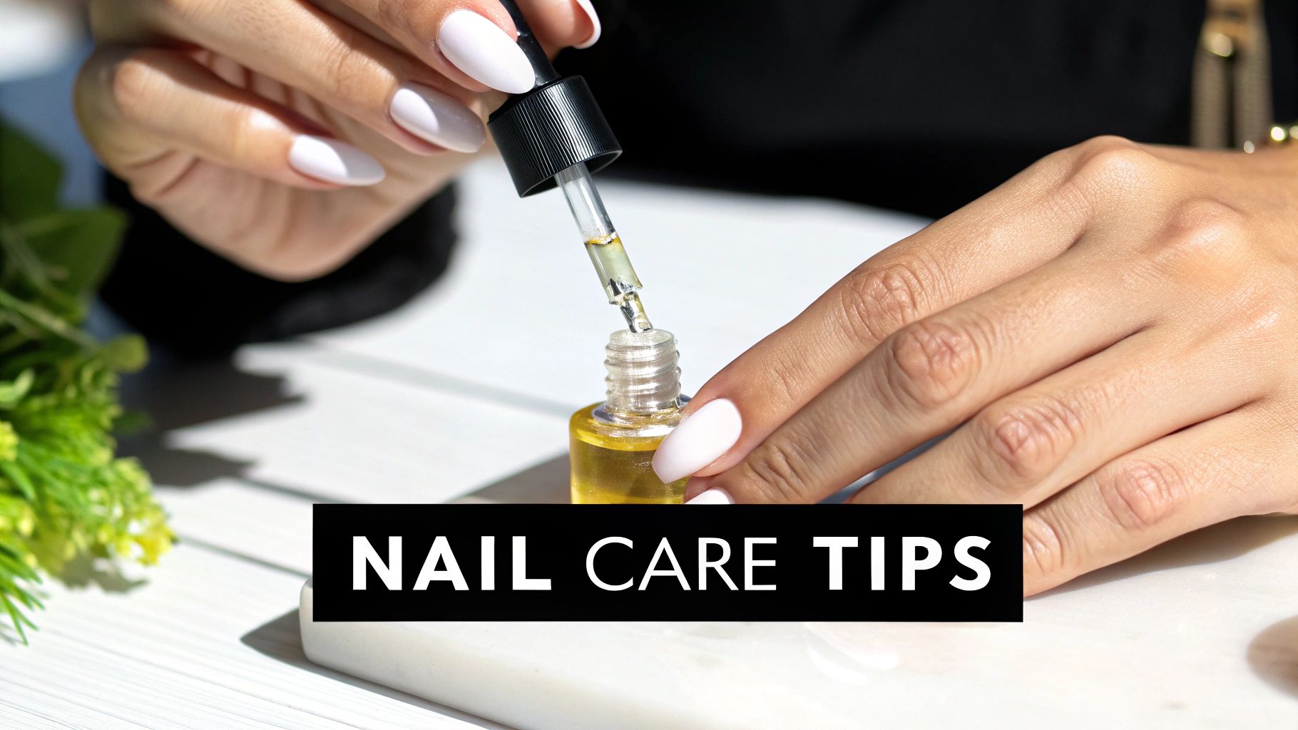 A person with white manicured nails applies cuticle oil from a dropper bottle to their fingers, promoting nail care.