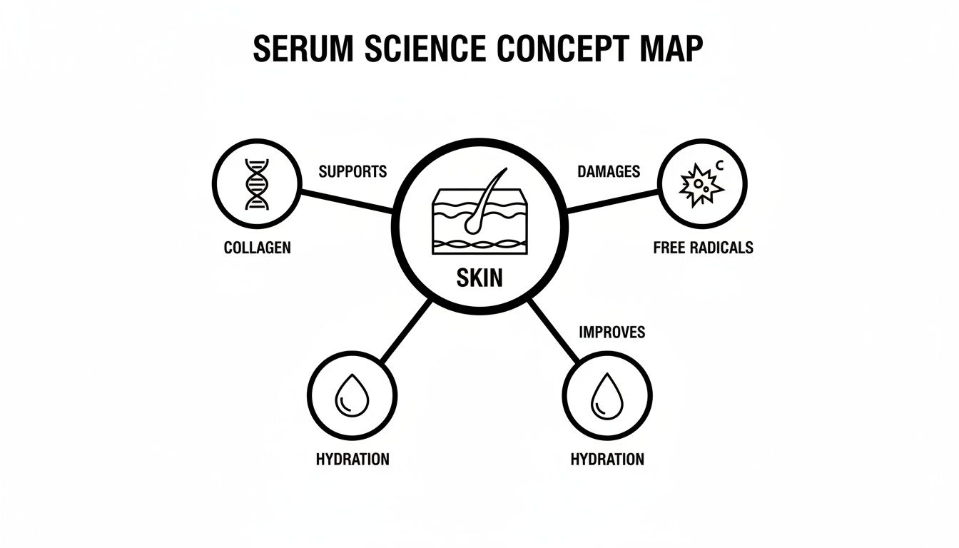 A serum science concept map illustrating how skin is affected by collagen, free radicals, and hydration.