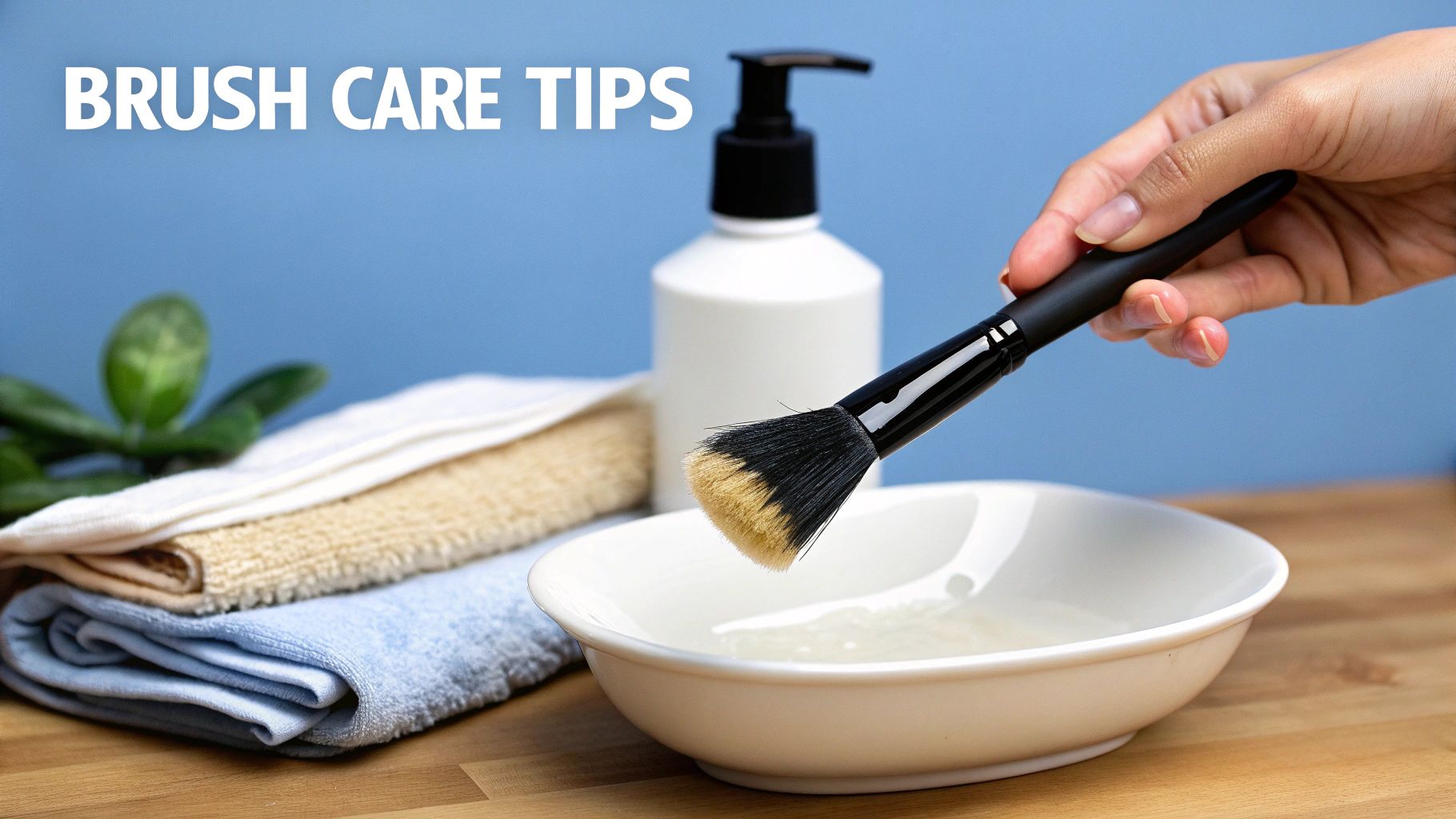 A hand holds a two-tone makeup brush, dipping it into a white bowl with cleaning solution.