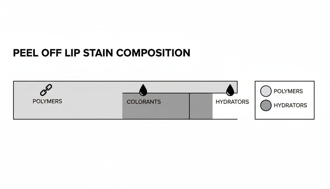 Diagram illustrating the composition of peel-off lip stain, featuring polymers, colorants, and hydrators.