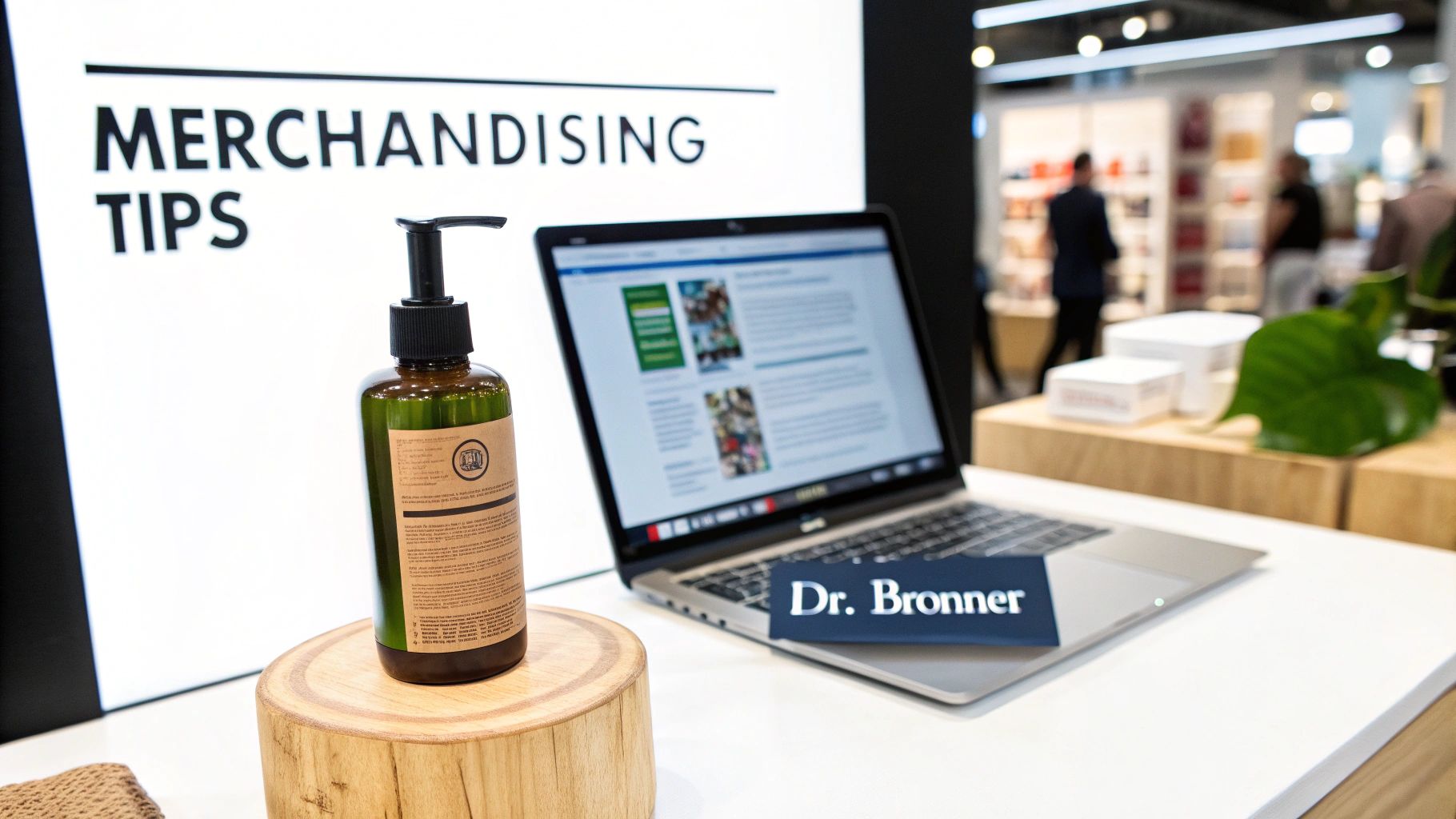 Dr. Bronner's bottle on a wooden stand, a laptop, and a 'MERCHANDISING TIPS' sign.