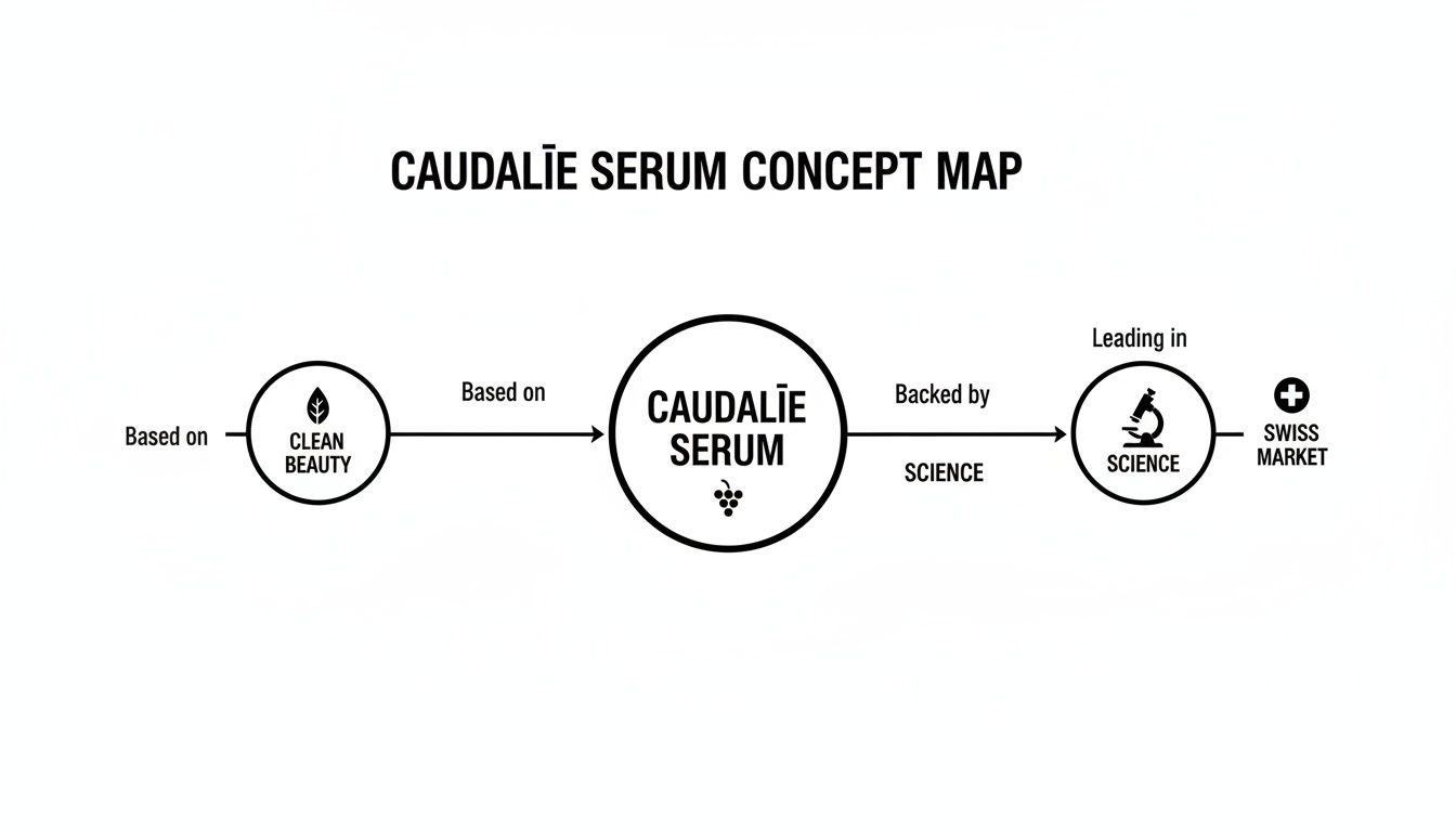 Concept map illustrating Caudalie Serum's foundation in clean beauty and science, leading in the Swiss market.