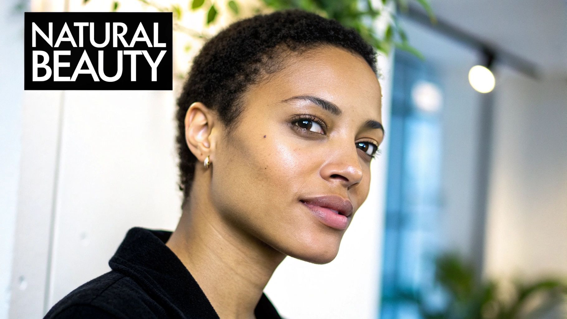 Close-up of a woman with short hair and clear skin, representing natural beauty.