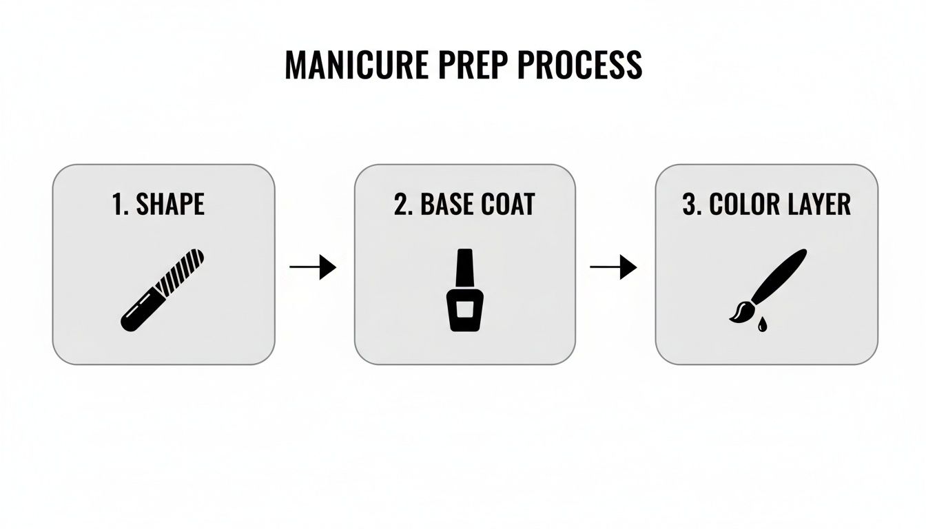 Diagram illustrating the manicure prep process with three steps: shape, base coat, and color layer.