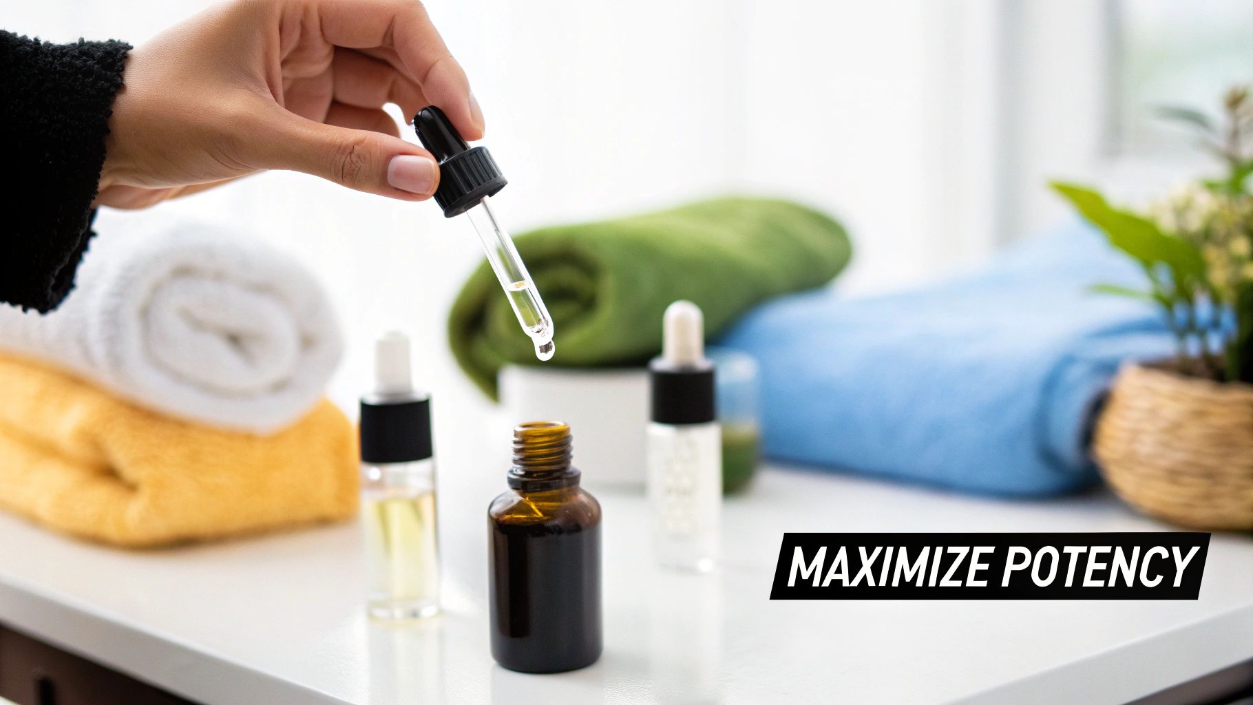 Close-up of a hand with a dropper over serum bottles and towels, emphasizing skincare potency.
