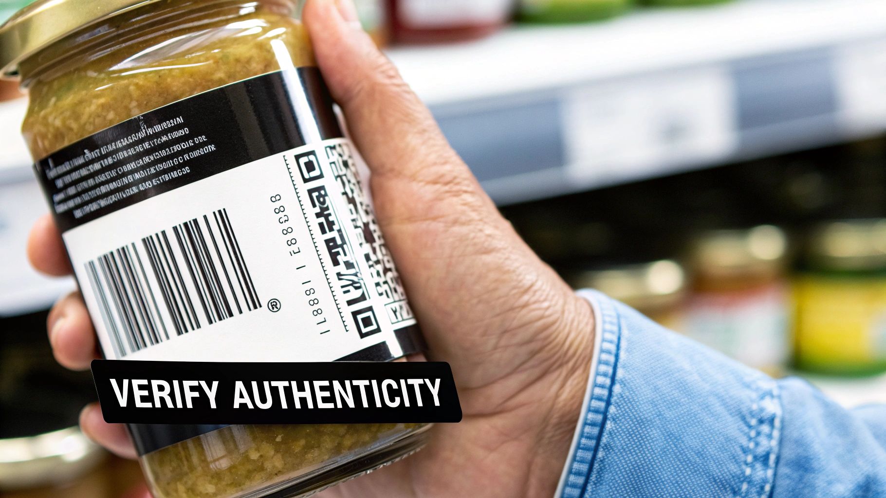 A hand holds a product jar in a store, displaying a barcode and QR code to verify authenticity.