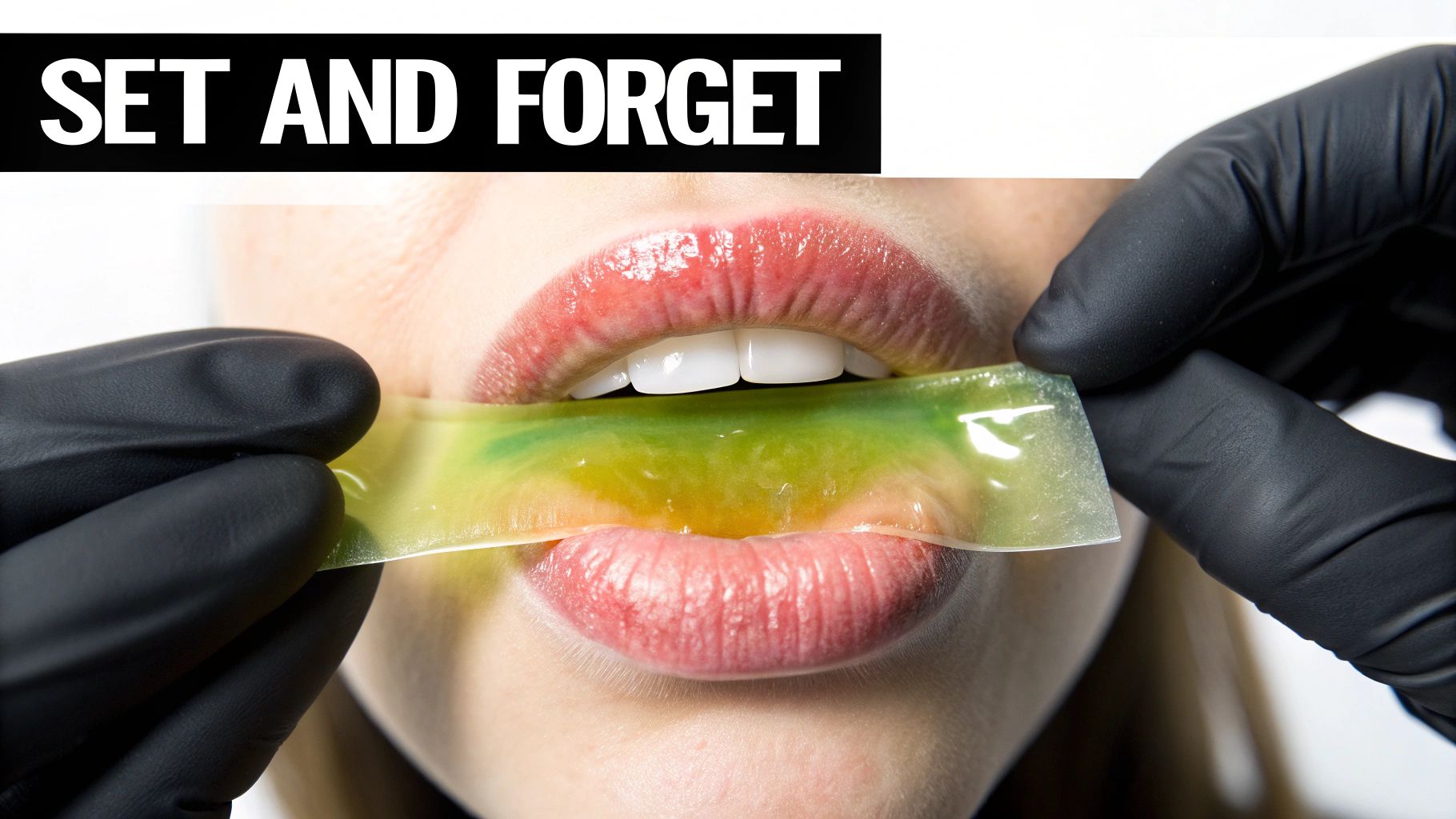 Close-up of glossy pink lips holding a translucent yellow-green strip, with gloved hands applying it.