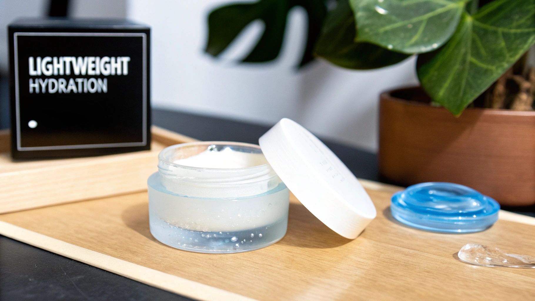 A jar of white lightweight hydration cream with its lid off, a blue inner lid, and a clear gel smear on a wooden tray.