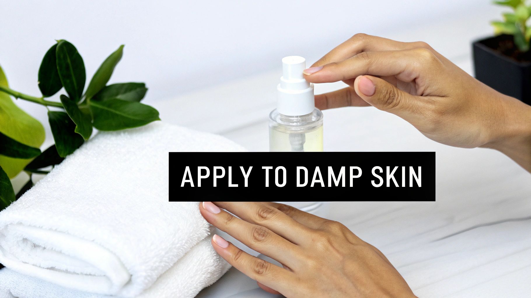 A person's hands holding a clear spray bottle next to a white towel, with text 'APPLY TO DAMP SKIN'.