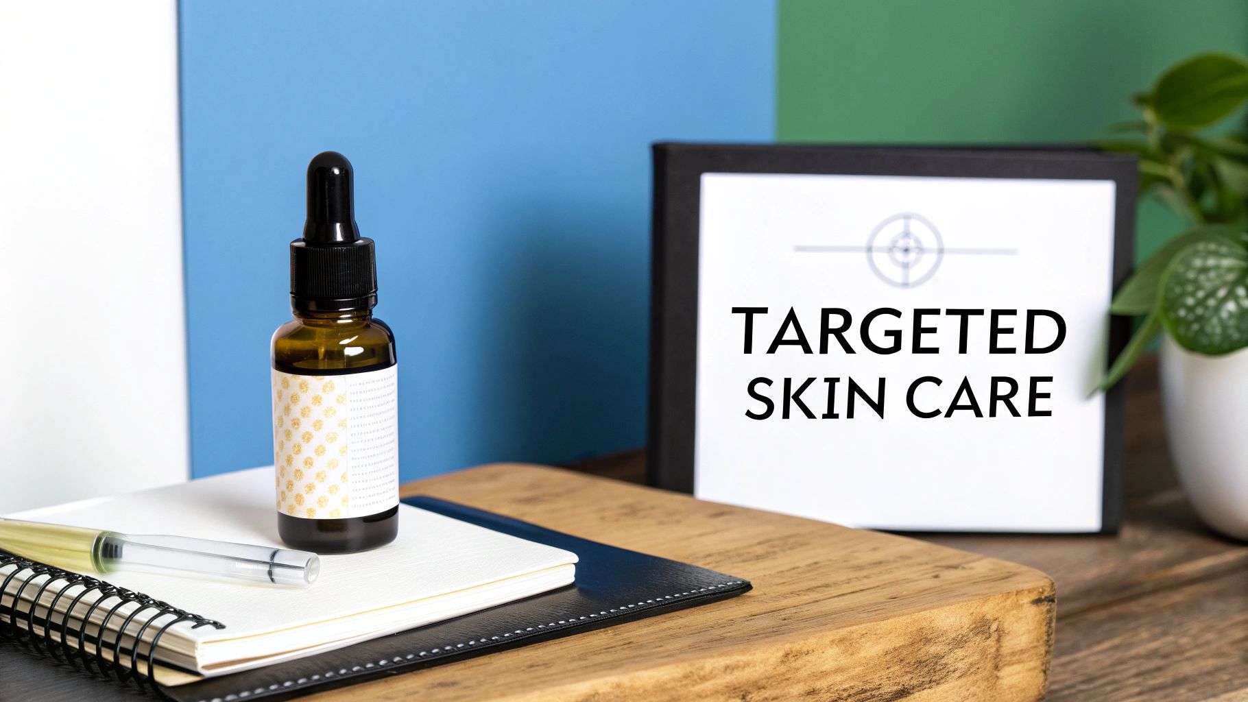 A skincare dropper bottle, pen, and notebook on a wooden desk, next to a sign saying 'Targeted Skin Care'.