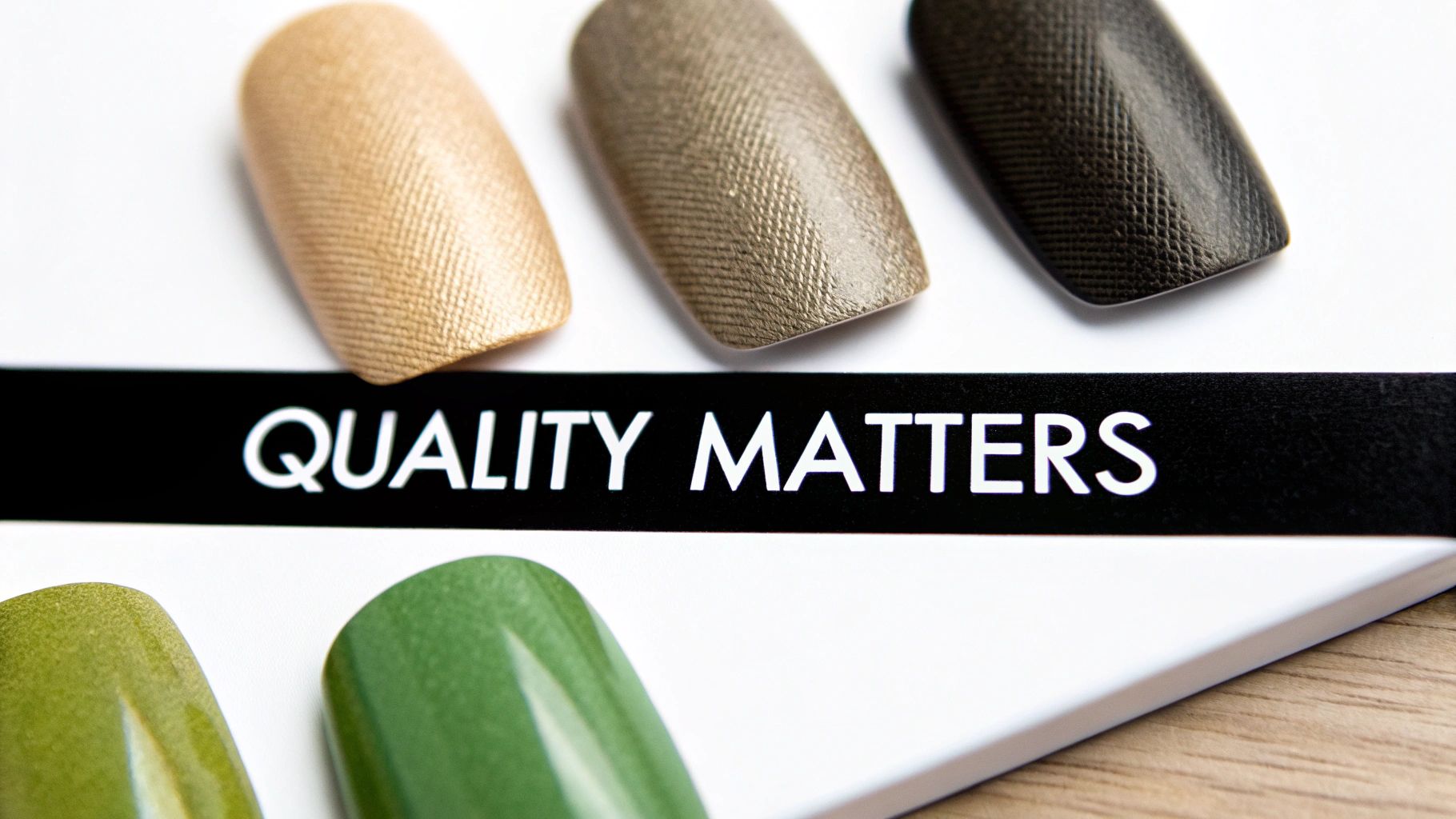 Close-up of textured press-on nails in various shades of gold, brown, and green, with text 'QUALITY MATTERS'.