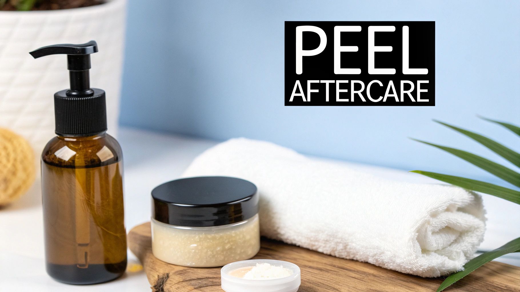 Skincare products including a pump bottle, scrub, and towel on a wooden board with 'PEEL AFTERCARE' text.