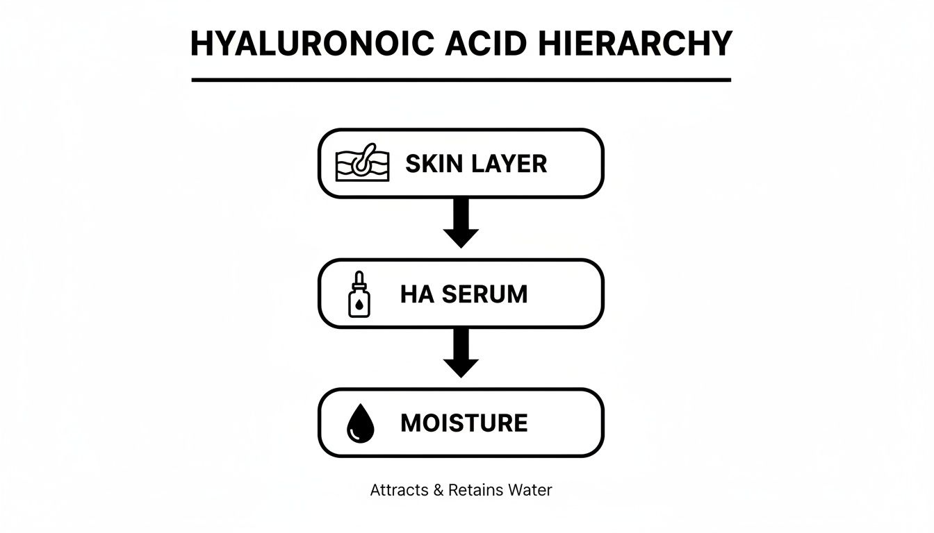 Flowchart showing hyaluronic acid serum hierarchy: skin layer to HA serum to moisture, attracting and retaining water.