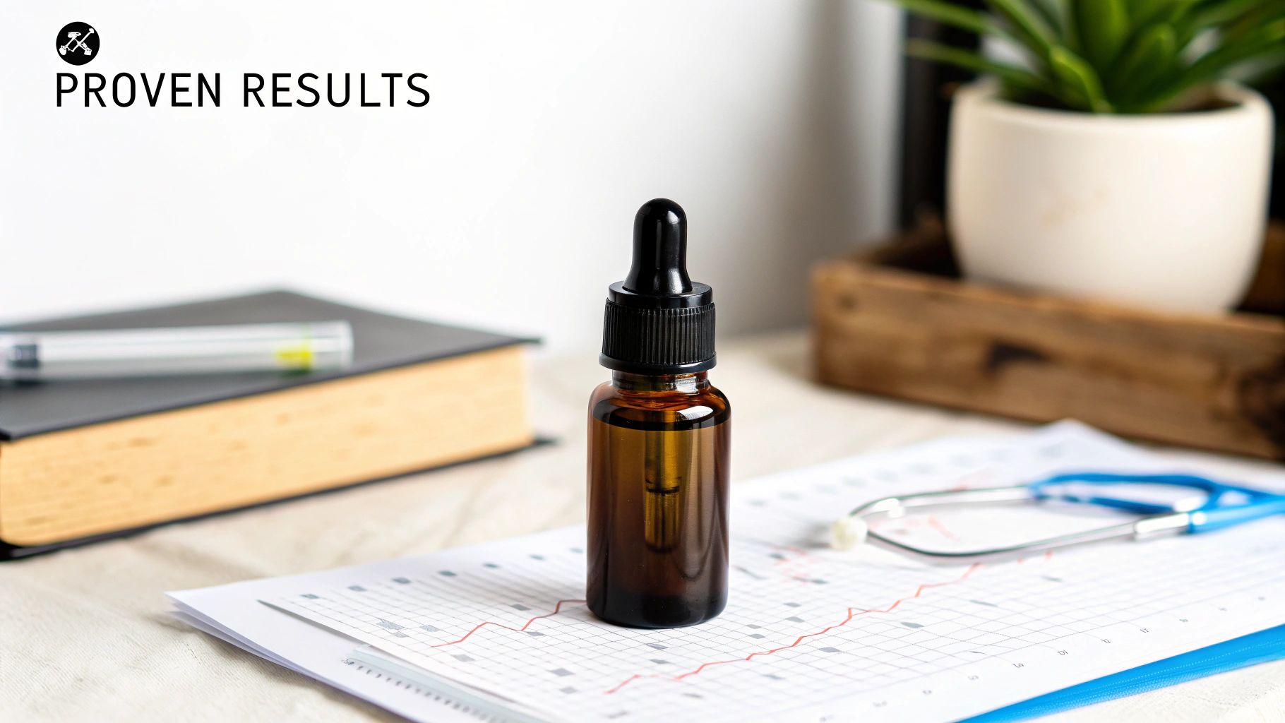 Amber dropper bottle on a scientific chart with a stethoscope, symbolizing proven medical results.