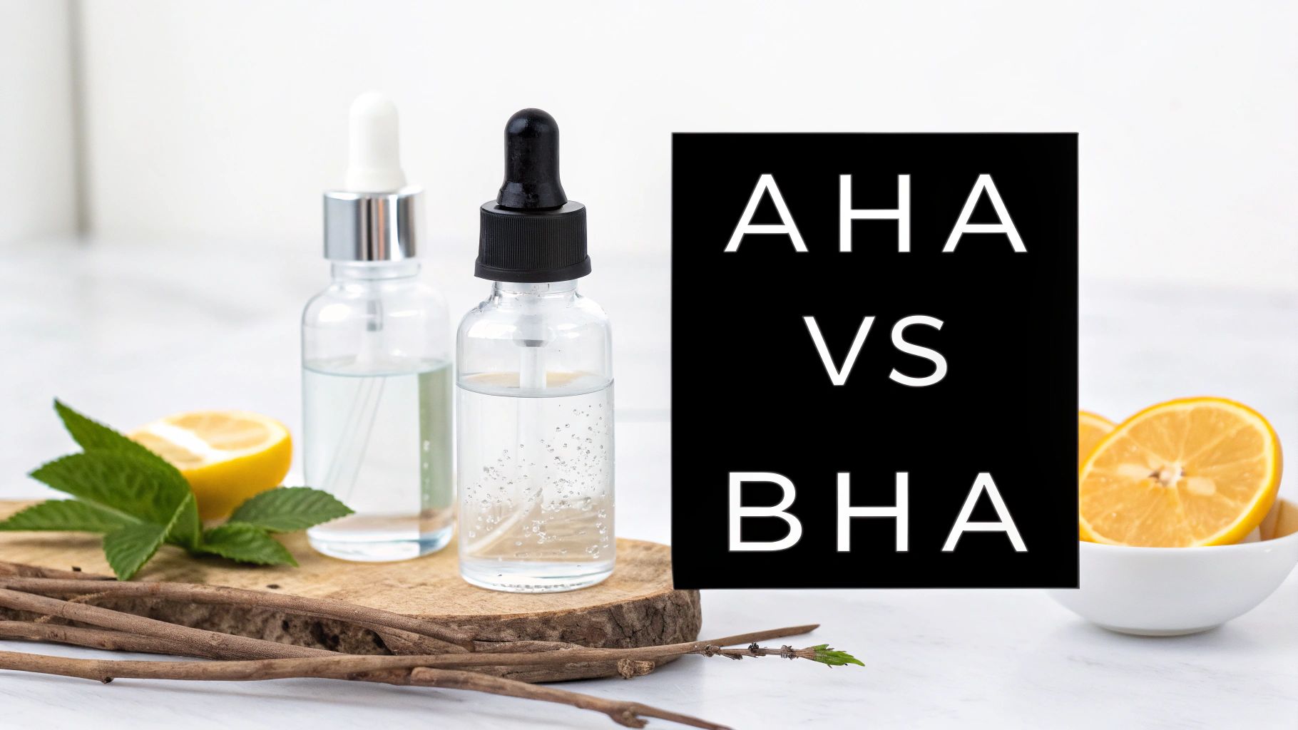 Two clear dropper bottles, lemon, mint leaves, and wood, with a black sign stating 'AHA VS BHA'.