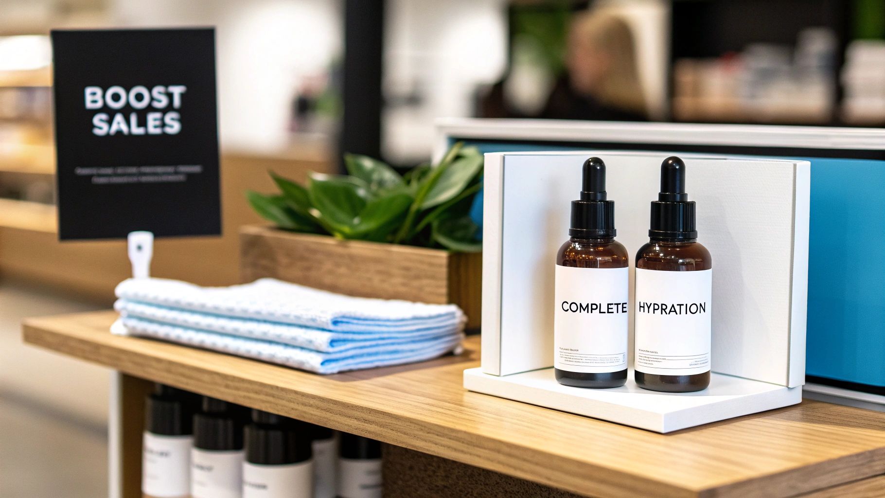 Two brown dropper bottles labeled 'Complete Hydration' on a white retail display, surrounded by folded towels and green plants.