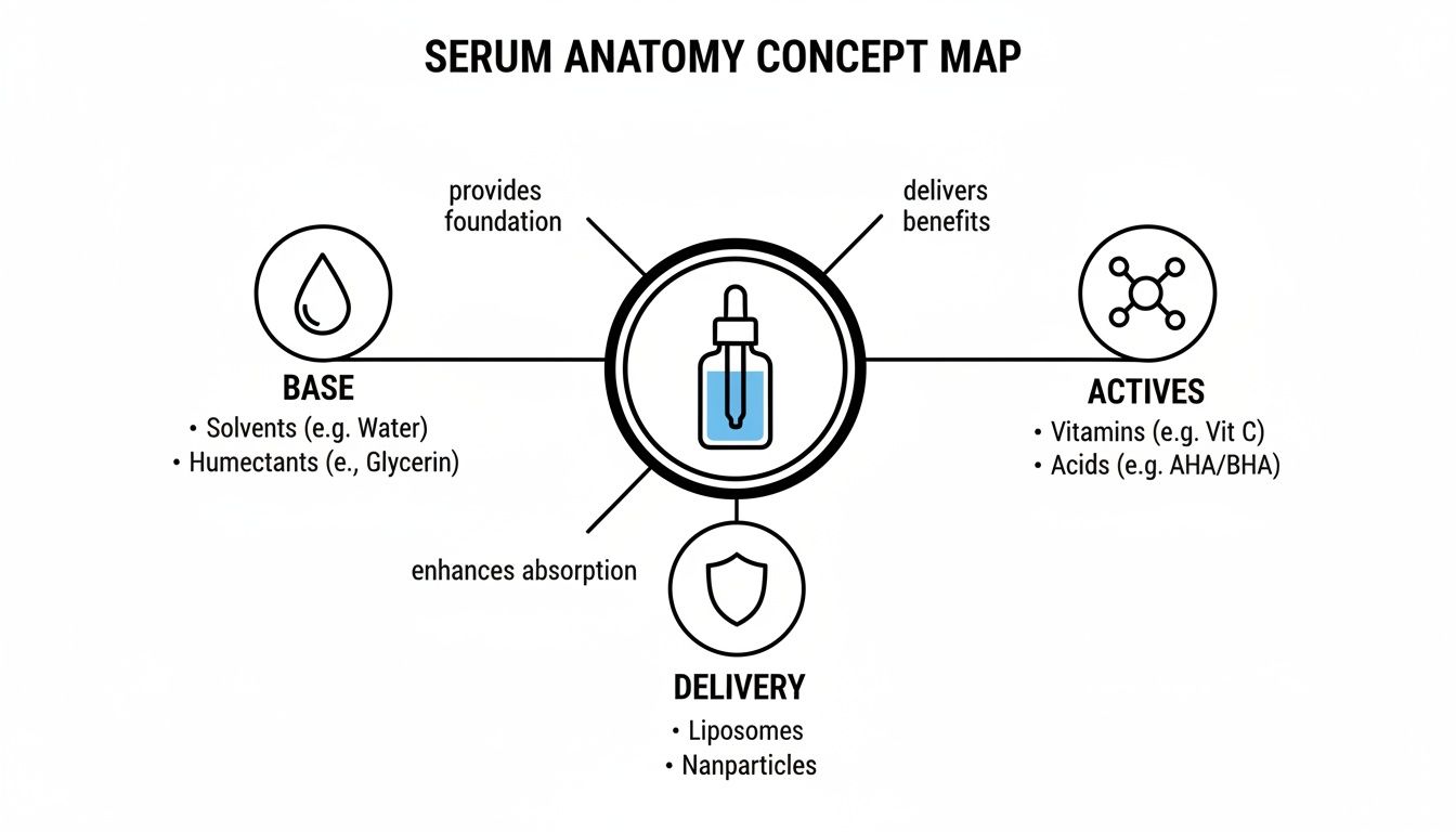 A concept map titled 'Serum Anatomy' showing base, actives, and delivery components of a serum.