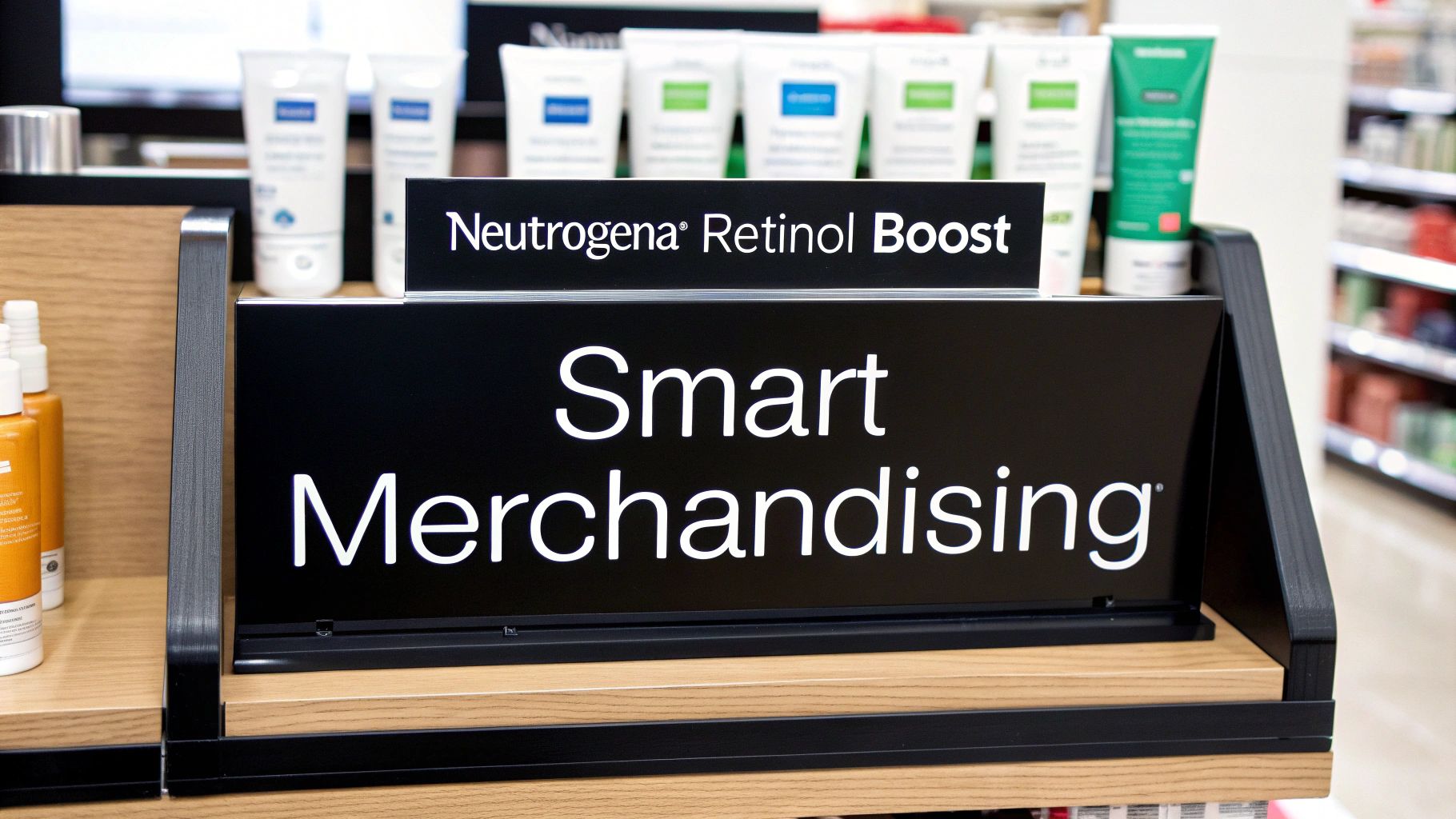 Close-up of a store display showcasing Neutrogena Retinol Boost products and a 'Smart Merchandising' sign.
