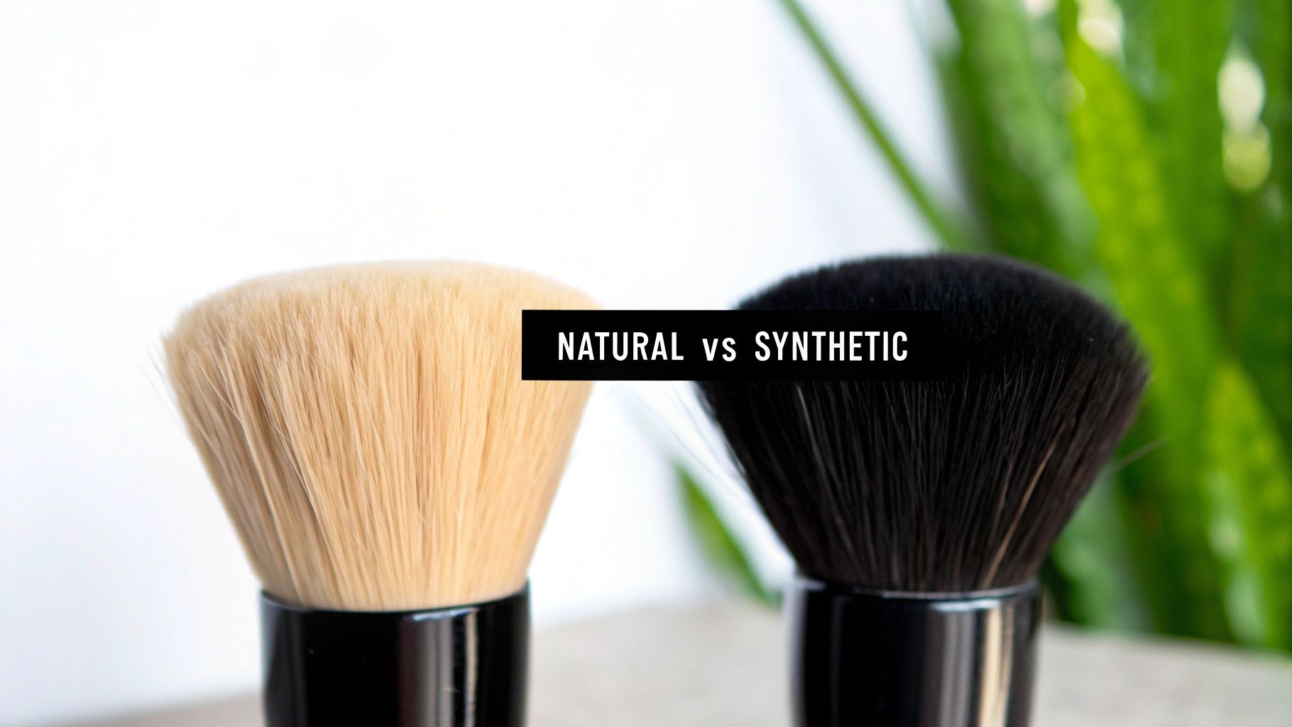 Close-up of two makeup brushes, one natural with light bristles and one synthetic with dark bristles.