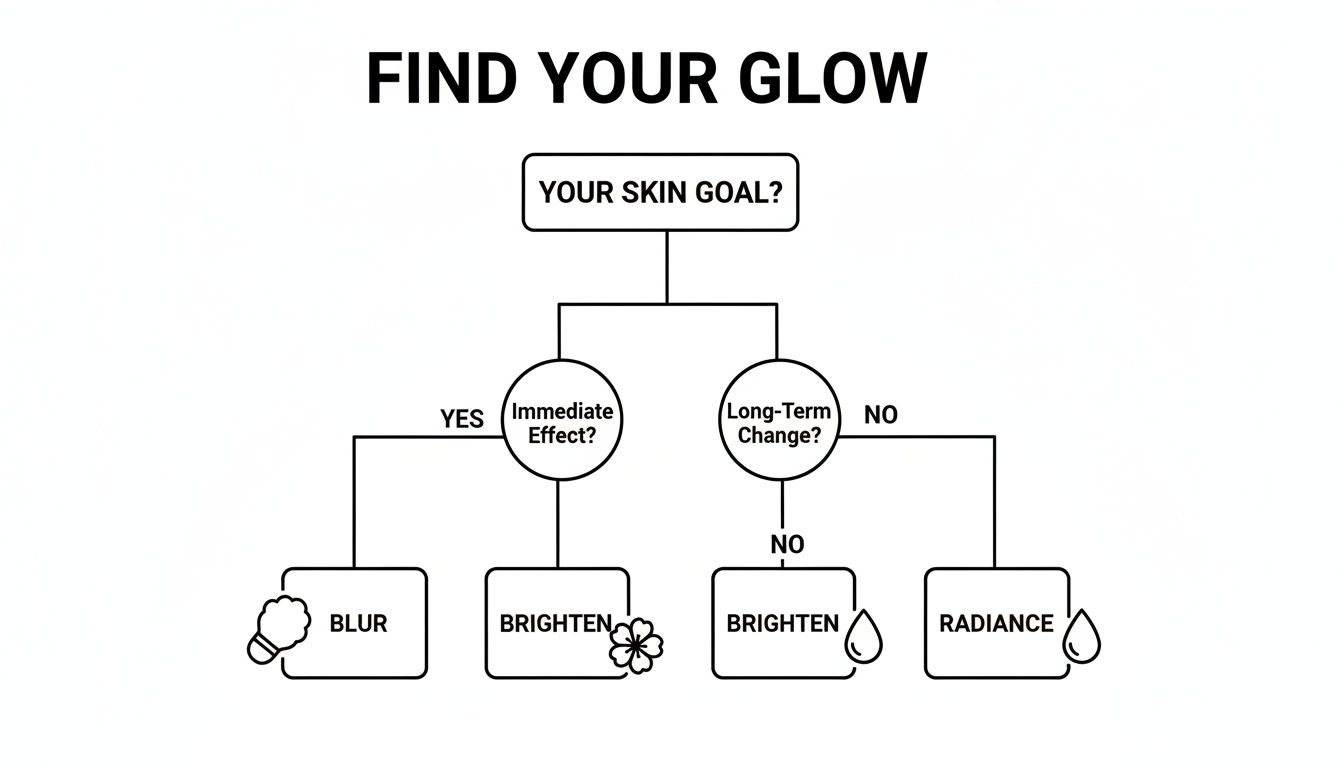 Flowchart titled 'Find Your Glow' guiding users to skin goals like blur, brighten, or radiance.