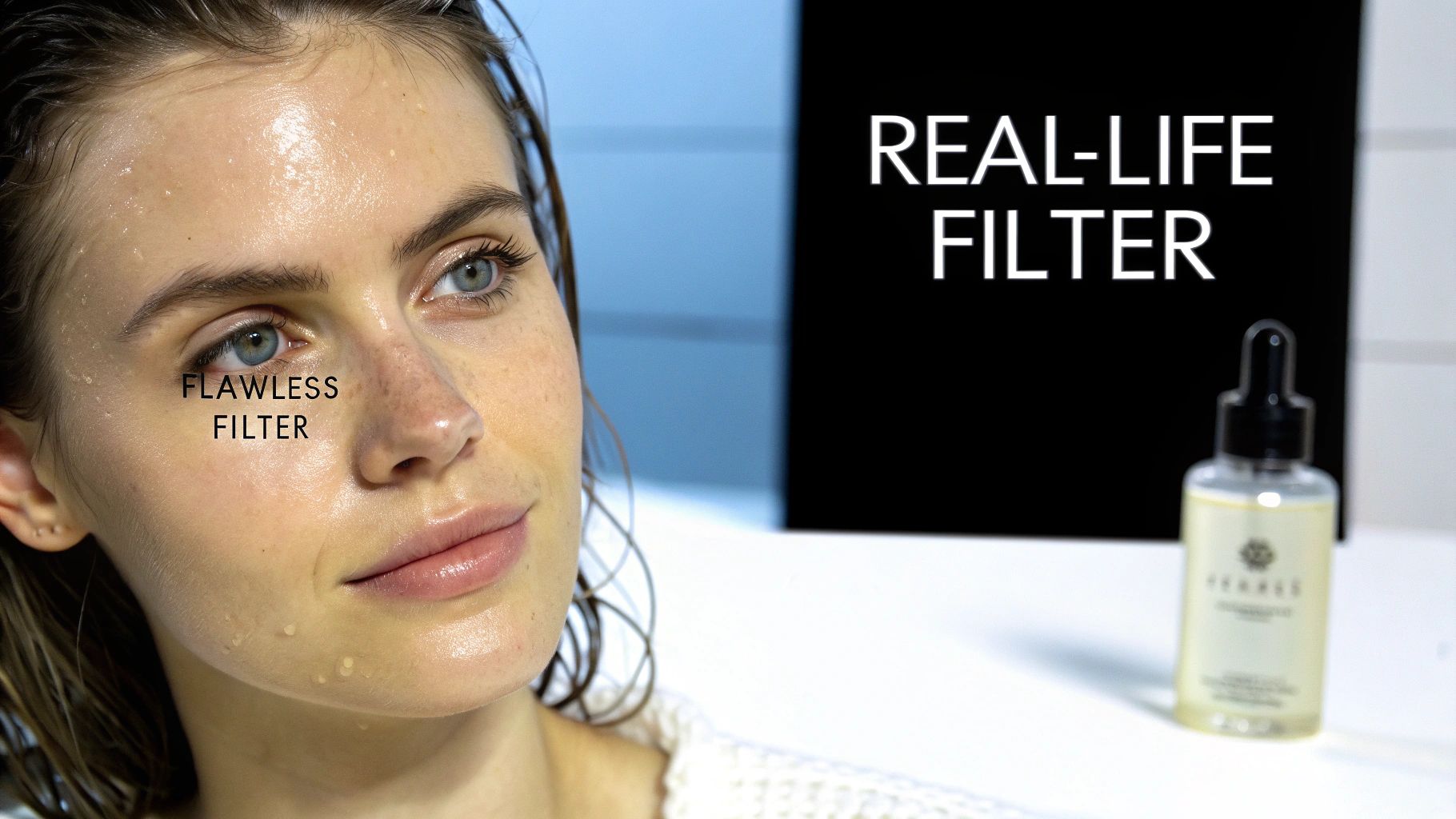 Close-up of a woman with dewy skin, water droplets, and 'FLAWLESS FILTER' text, next to 'REAL-LIFE FILTER' text and a skincare serum bottle.