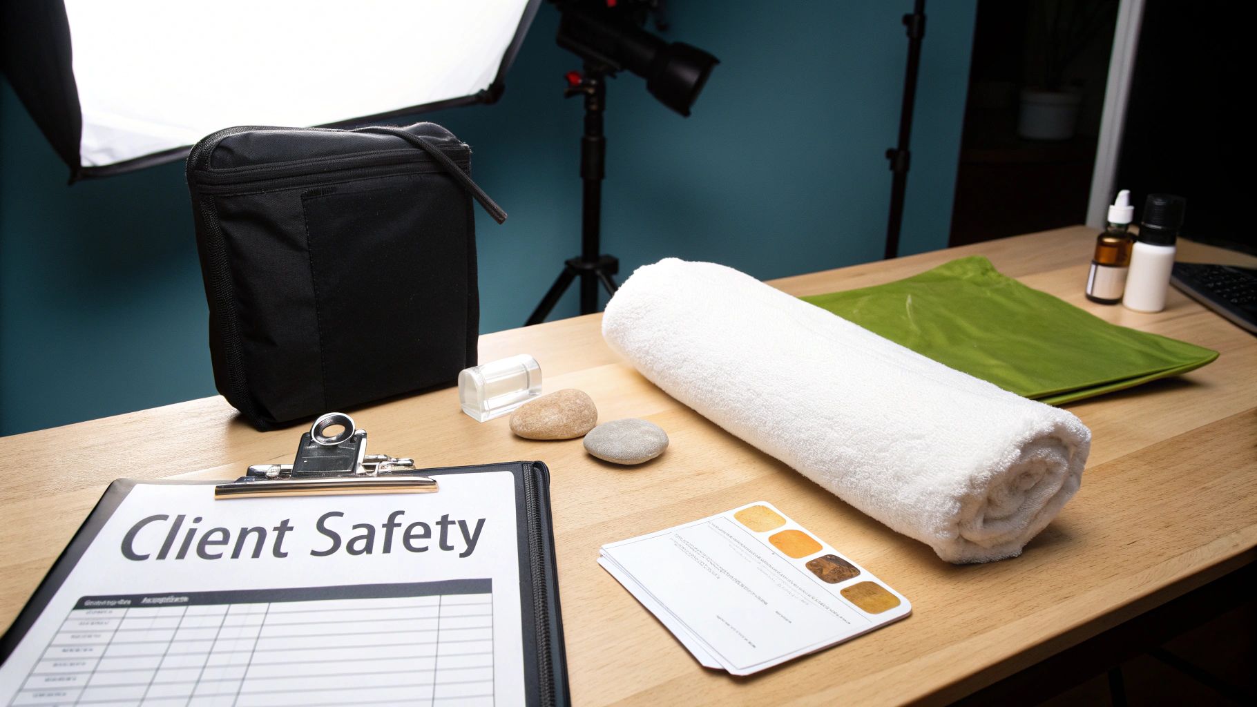 Wellness desk featuring a 'Client Safety' form, rolled towel, massage stones, and beauty products.