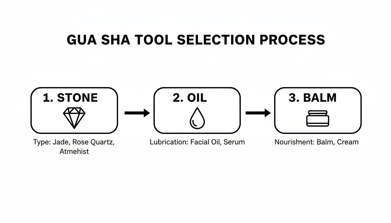 Flowchart detailing the Gua Sha tool selection process: stone type, oil for lubrication, and balm for nourishment.