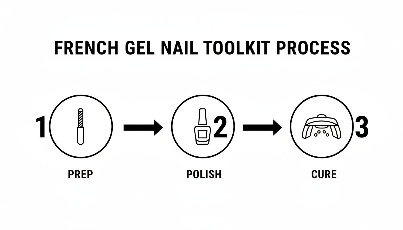 An infographic showing a three-step process for French gel nails: prep, polish, and cure.