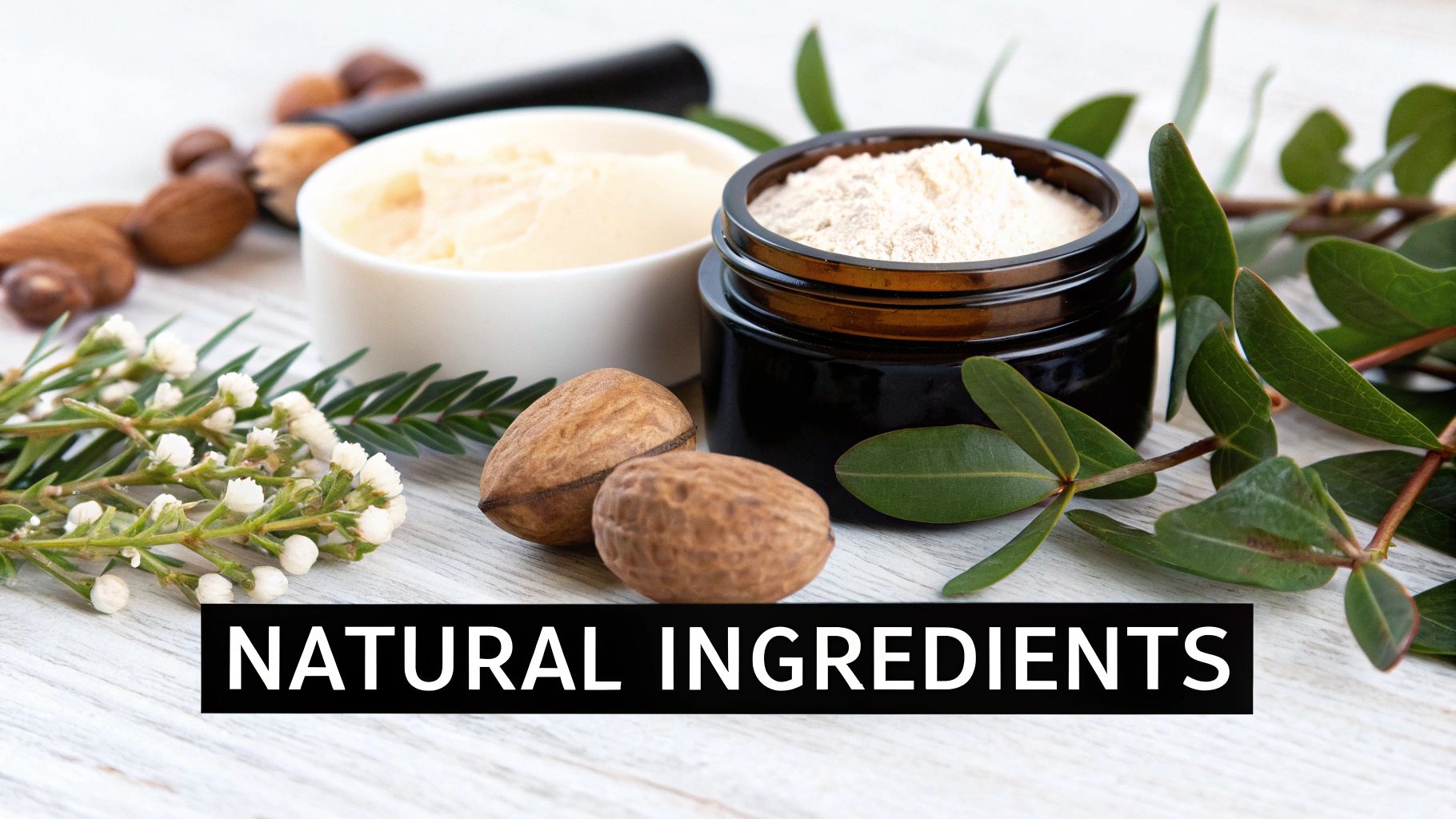 Natural skincare ingredients including shea butter, clay powder, walnuts, and fresh botanicals on a white wood table.