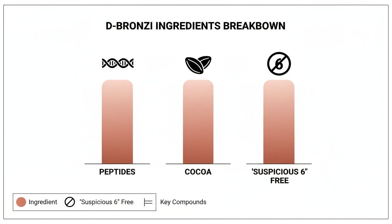 Bar chart detailing D-Bronzi ingredients breakdown, highlighting peptides, cocoa, and 'Suspicious 6' Free status.