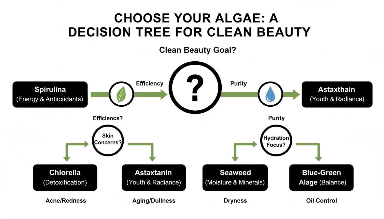 Clean beauty algae decision tree guiding choices based on goals like efficiency, purity, and skin concerns.