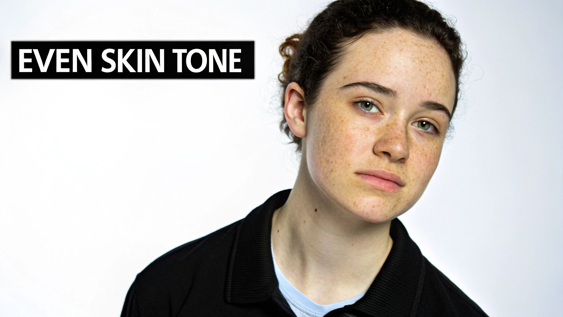 A young person with freckles and green eyes, with a text overlay 'EVEN SKIN TONE'.