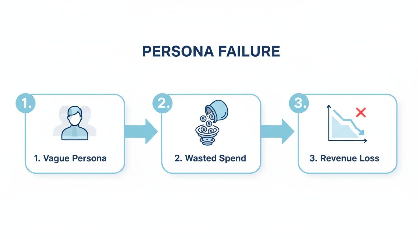 Diagram illustrating persona failure: vague personas lead to wasted spend and revenue loss.