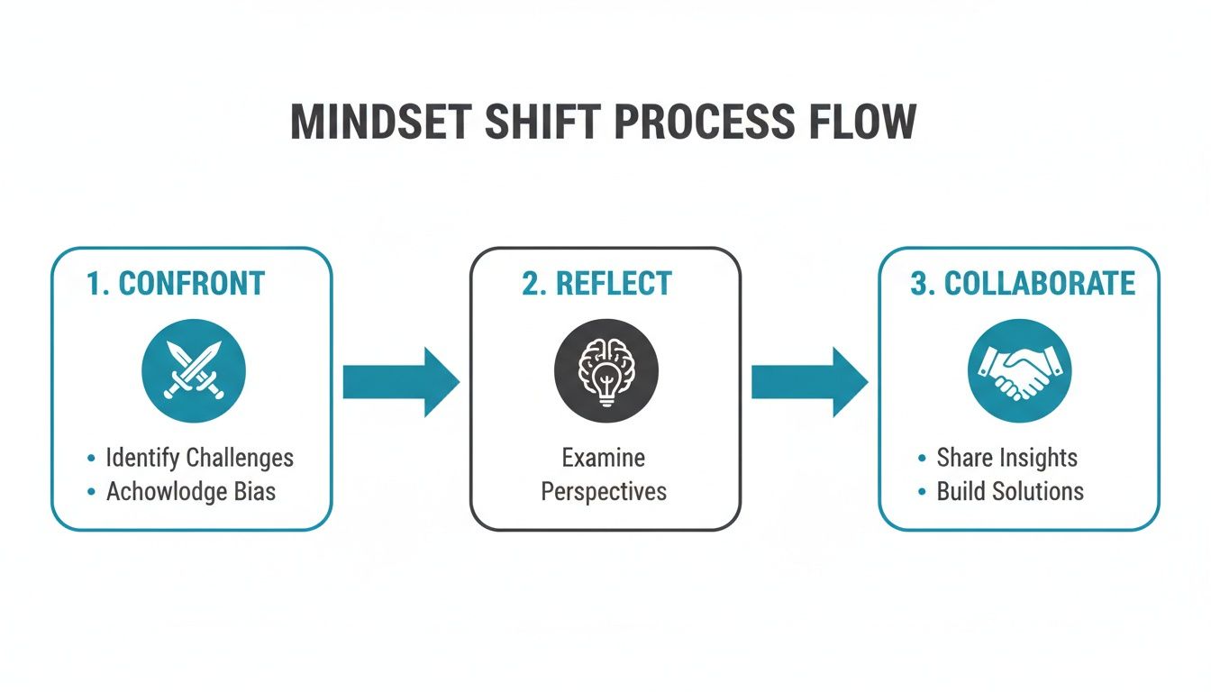 Flowchart outlining a 3-step mindset shift process: Confront, Reflect, and Collaborate.