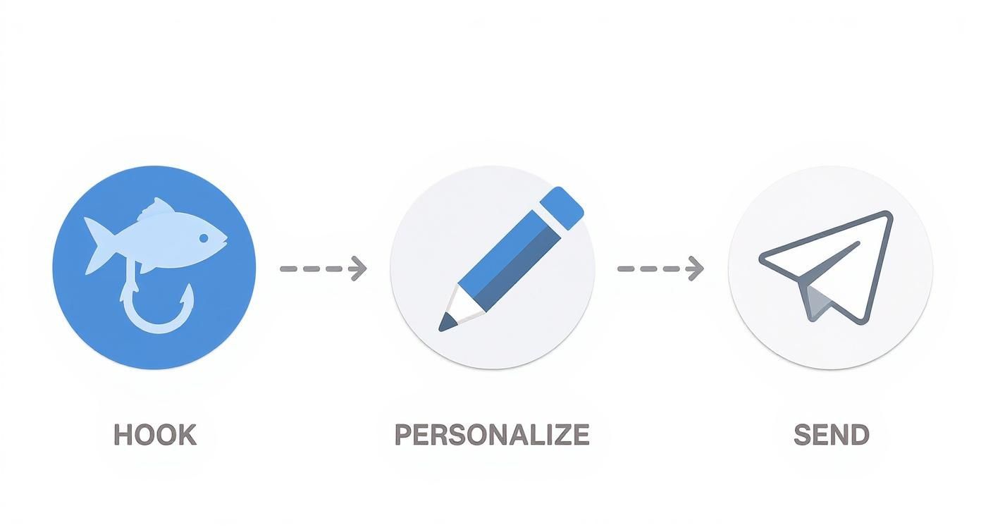LinkedIn outreach workflow diagram showing three steps: hook, personalize message, and send connection request