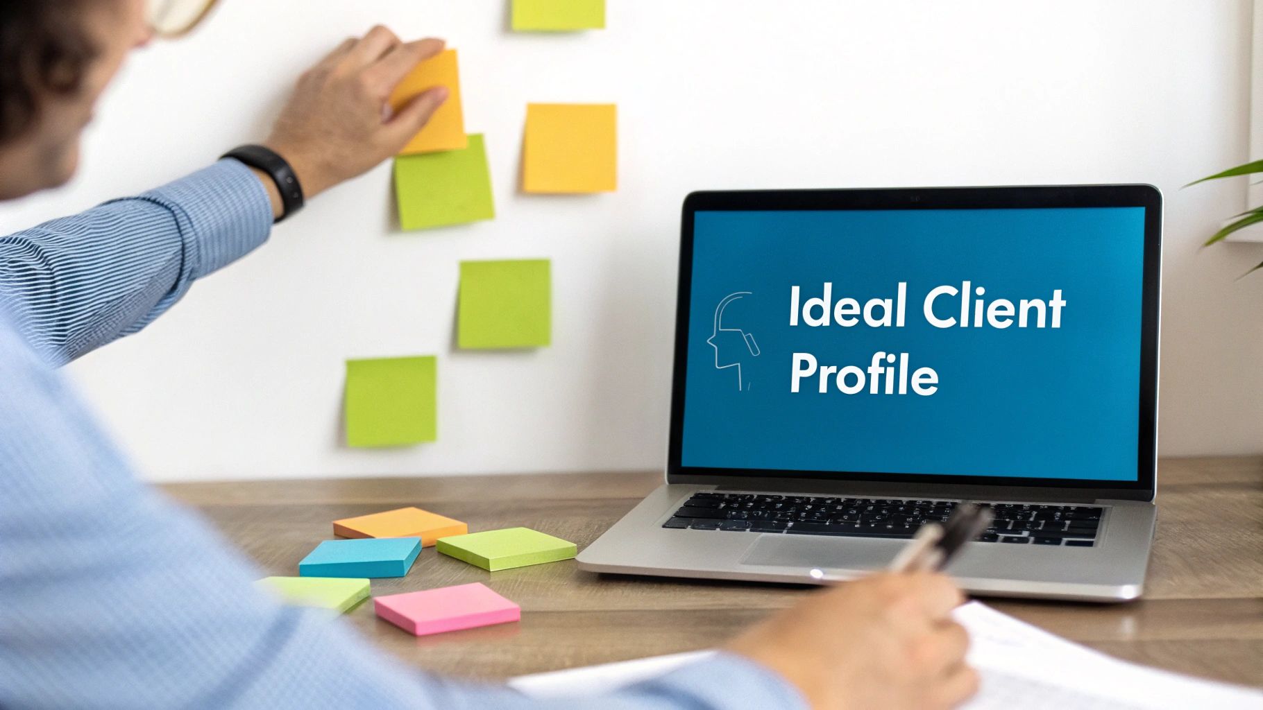 A person strategizing with sticky notes on a wall and a laptop showing "Ideal Client Profile".