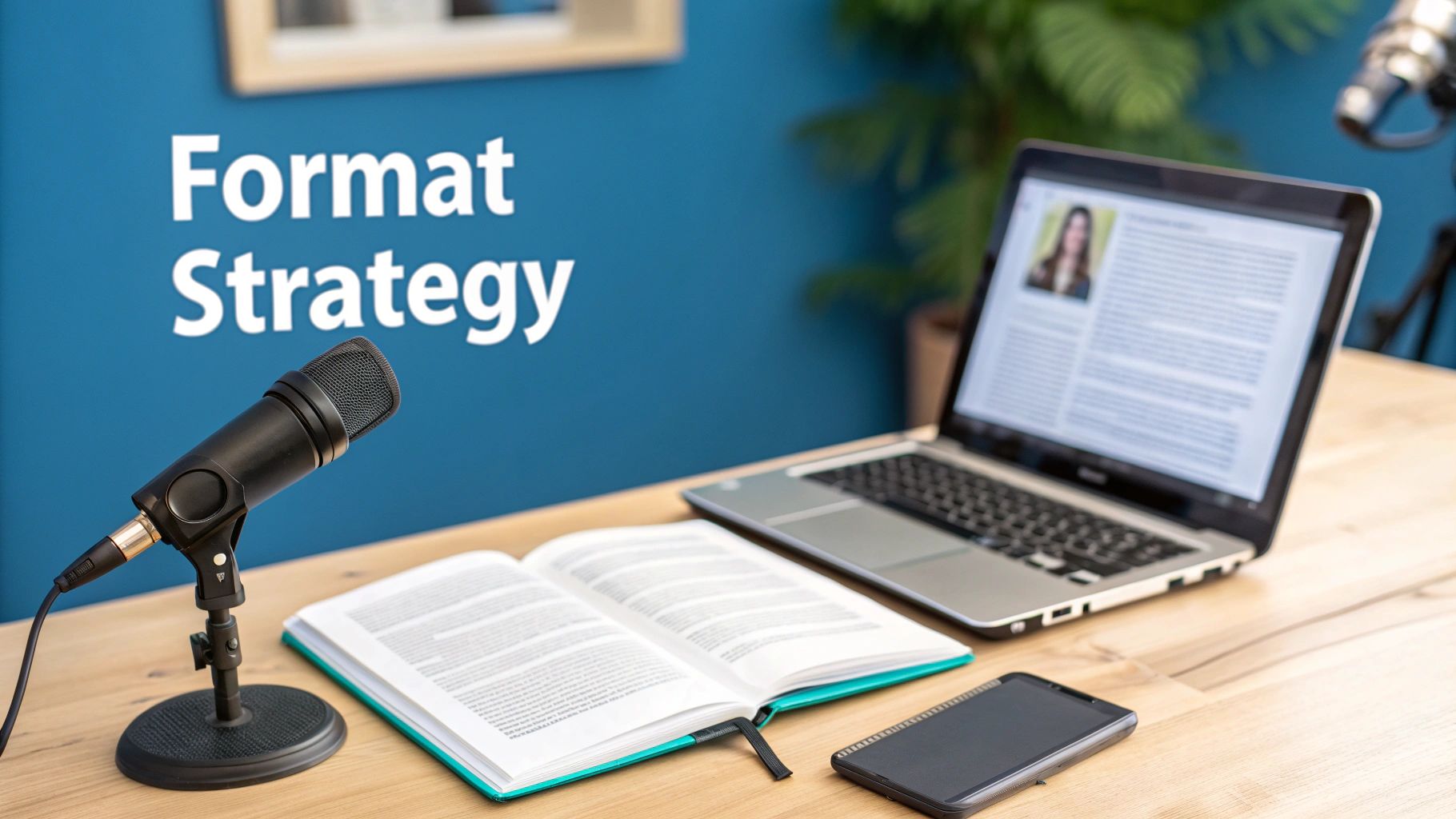 A desk setup with a microphone, open book, laptop displaying an article, and a smartphone, against a blue wall with the text 'Format Strategy'.