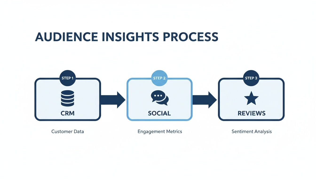 Audience Insights Process diagram illustrating steps: CRM (Customer Data), Social (Engagement Metrics), and Reviews (Sentiment Analysis).