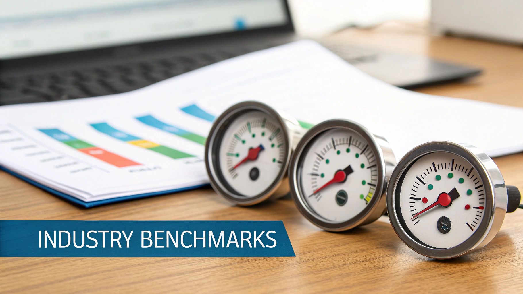 Three pressure gauges sit on a wooden desk with a laptop and a chart, showing industry benchmarks.