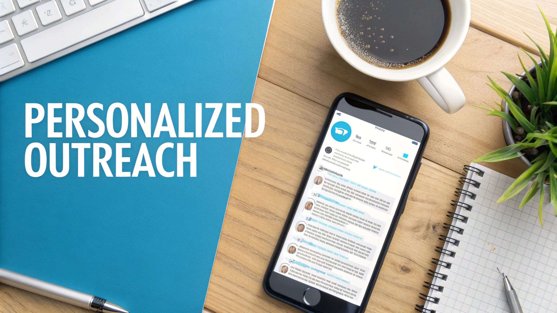 Overhead view of a desk with 'PERSONALIZED OUTREACH' on a blue notebook, a smartphone, coffee, and keyboard.