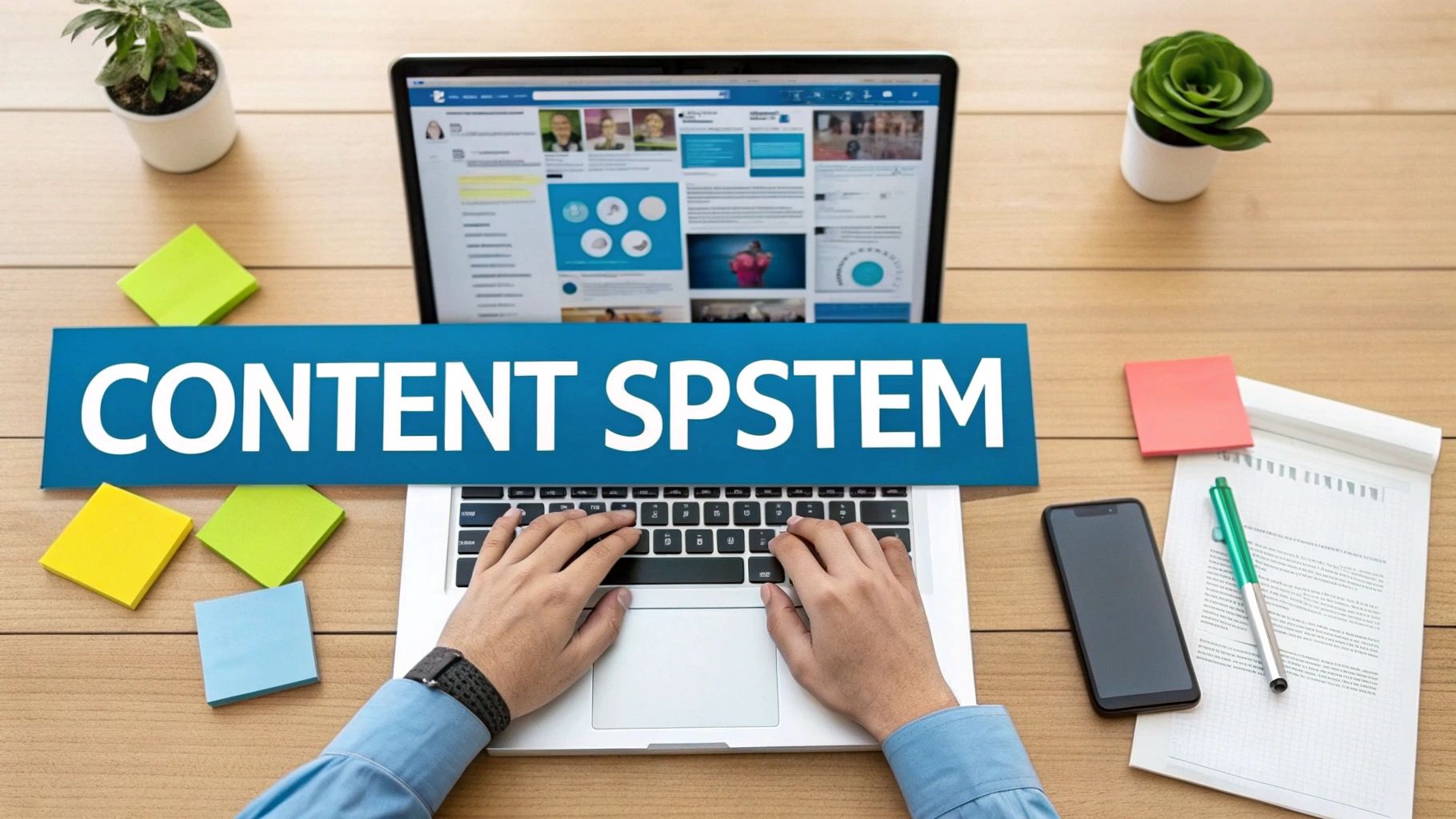 Overhead view of hands typing on a laptop keyboard, a 'CONTENT SPSTEM' banner, and office items on a wooden desk.