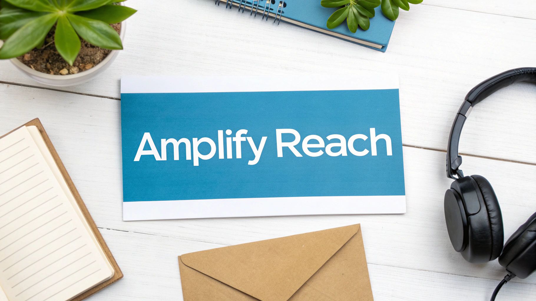 Overhead shot of a white desk with an 'Amplify Reach' card, plant, journal, and headphones.