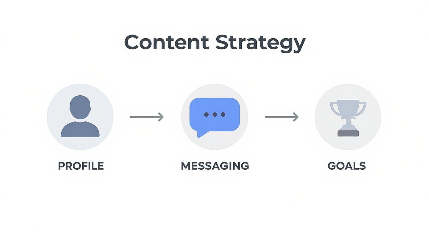 Content strategy workflow diagram showing three stages: profile, messaging, and goals with connecting arrows