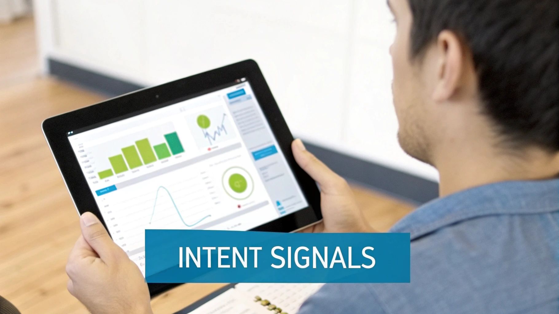 Close-up of a person holding a tablet with business analytics and 'Intent Signals' text.