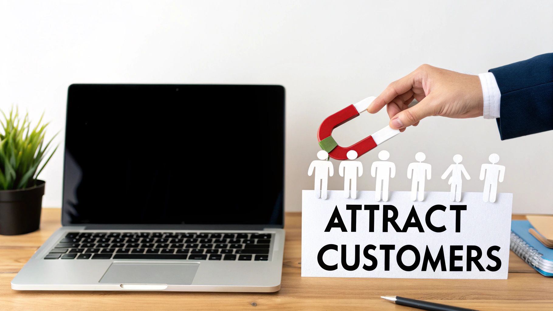 A magnifying glass focusing on a group of people, symbolizing the search for new leads.