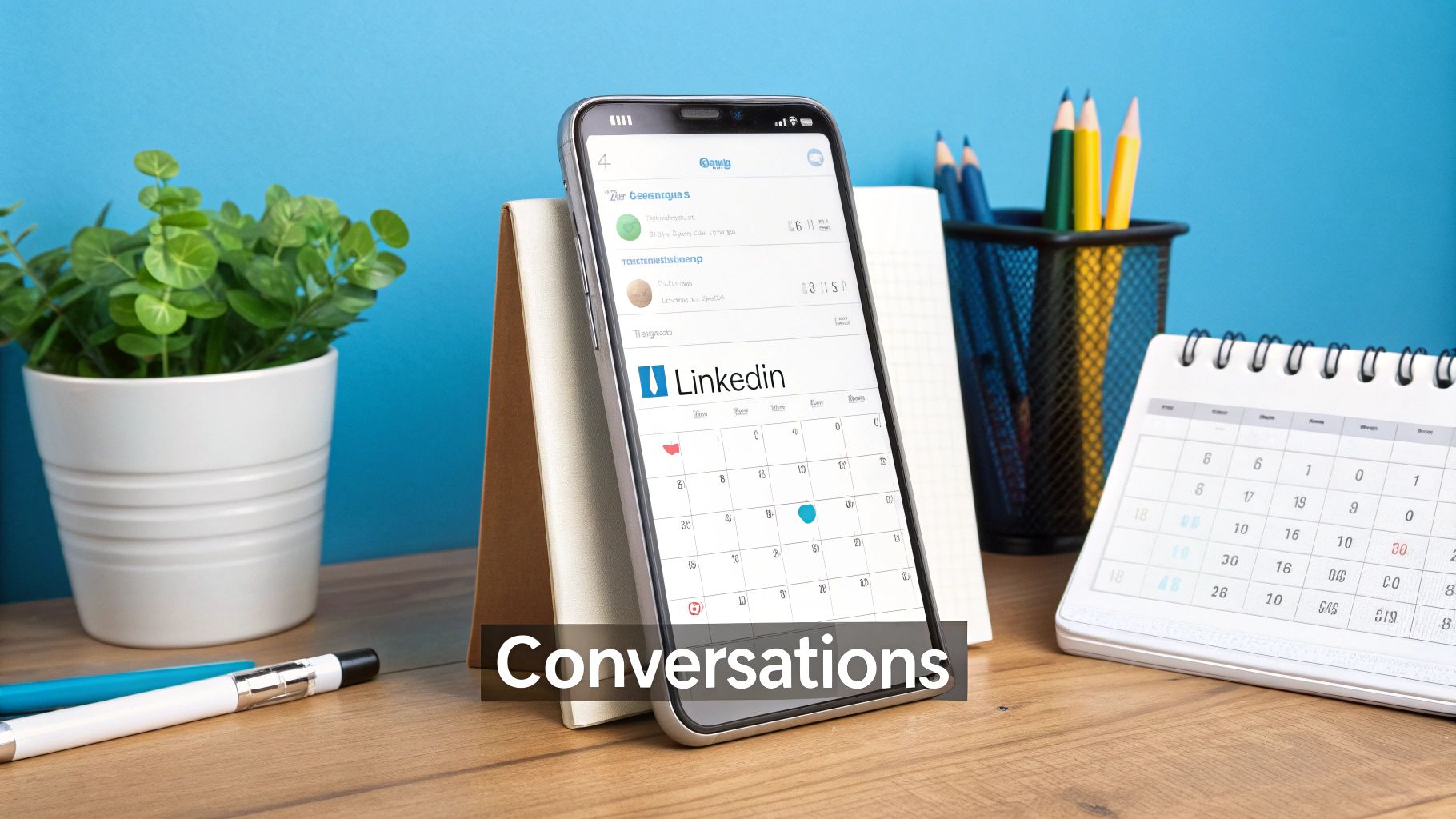 A modern workspace with a smartphone displaying the LinkedIn app and a desk calendar.