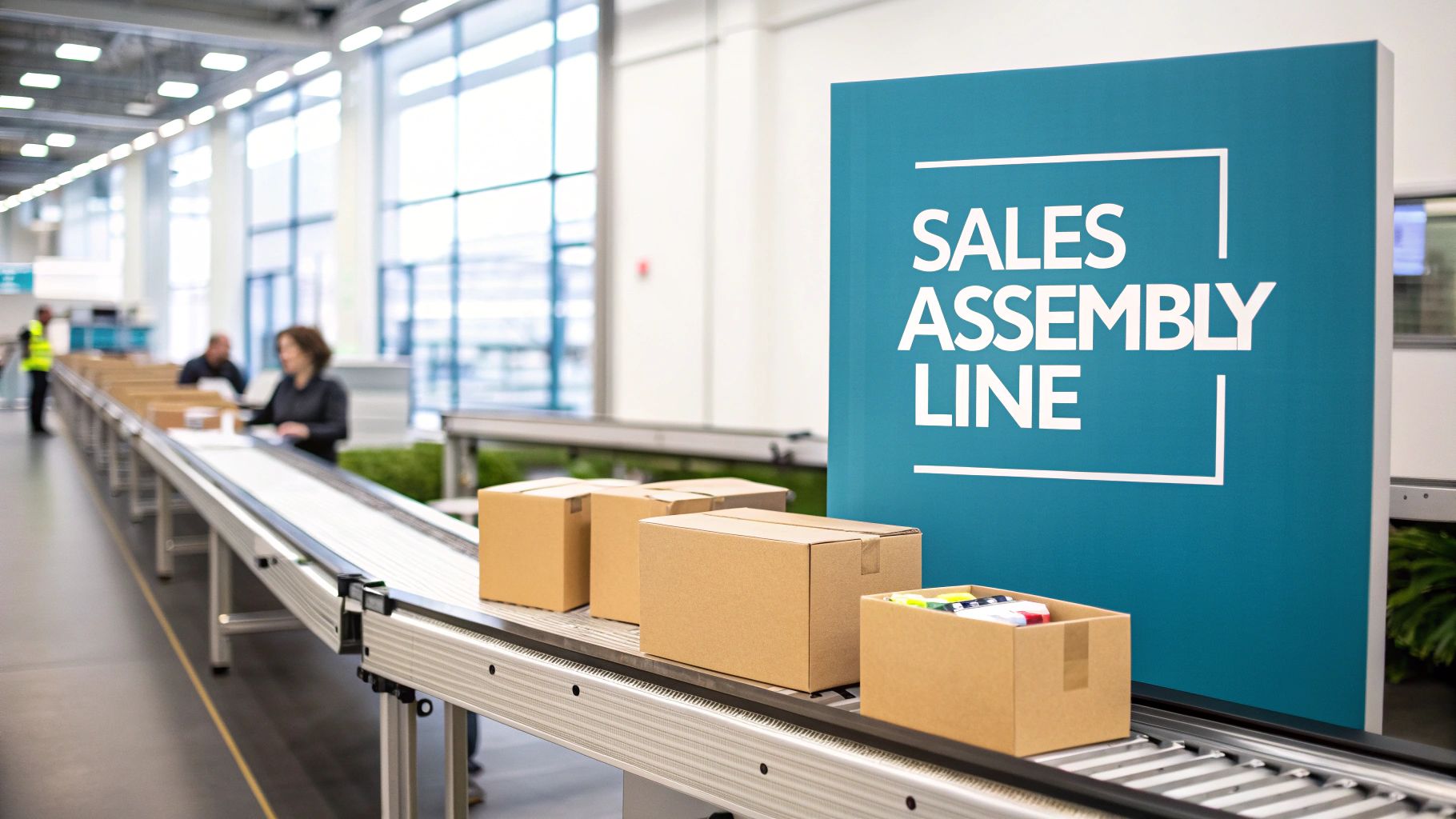 People working at a modern facility on a sales assembly line with boxes moving on a conveyor belt.