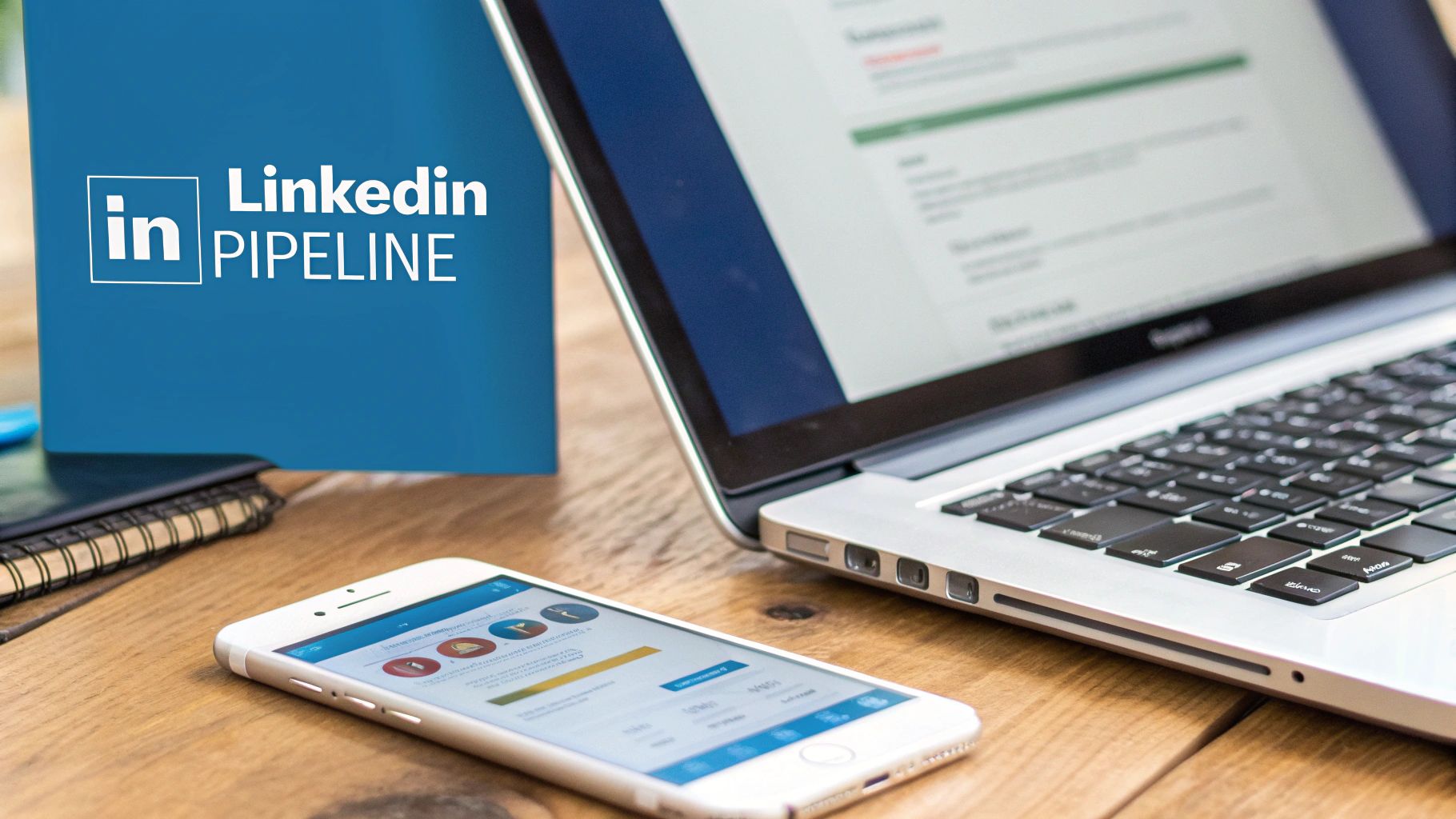 A modern workspace with a laptop, smartphone displaying an app, and a 'LinkedIn PIPELINE' folder.