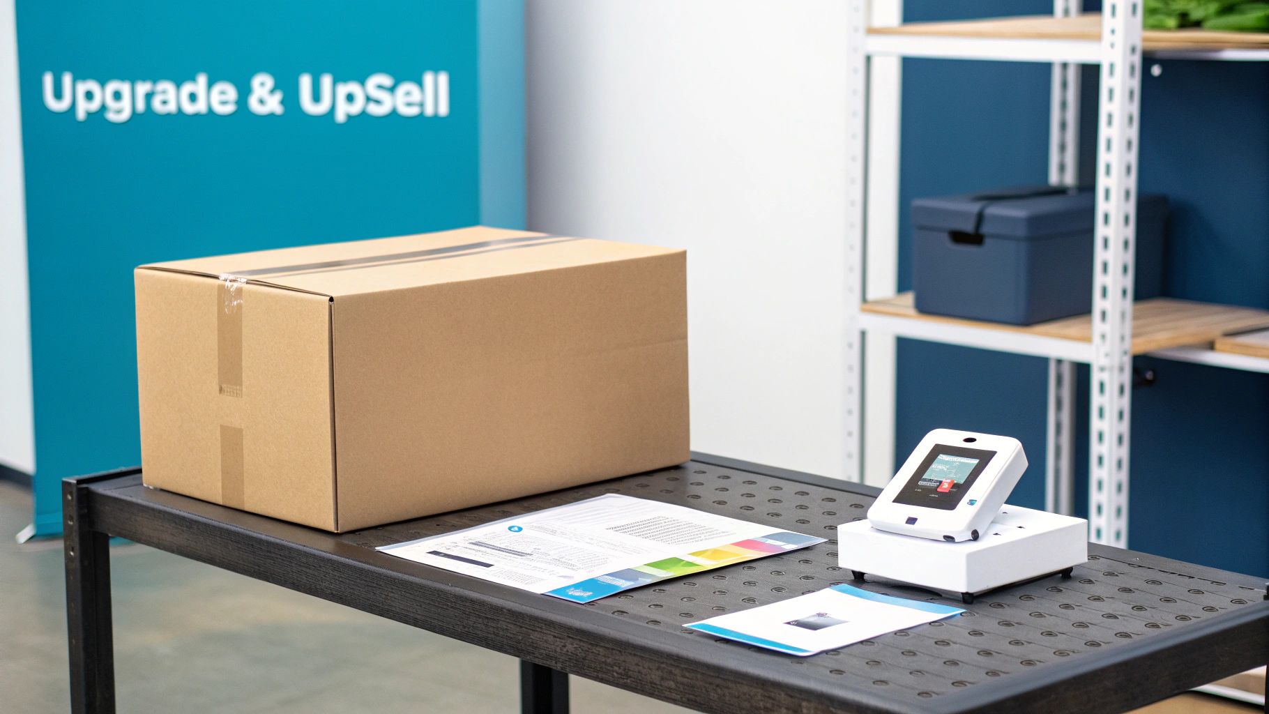 A brown shipping box, documents, and a white POS terminal on a black table.
